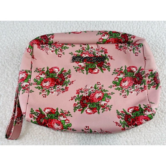 (NWOT) BETSEY JOHNSON • Pink/Multi Floral Print Faux Leather XL Cosmetic Bag - Picture 14 of 16